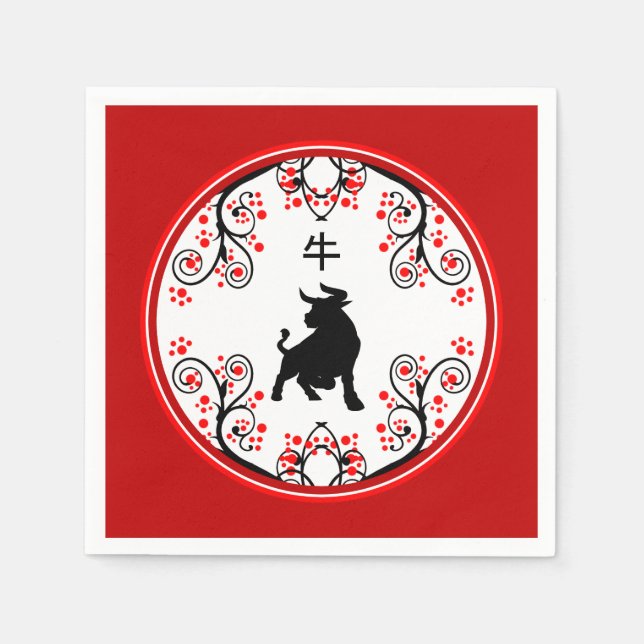 Chinese New Year Ox with Red Blossoms Napkins (Front)