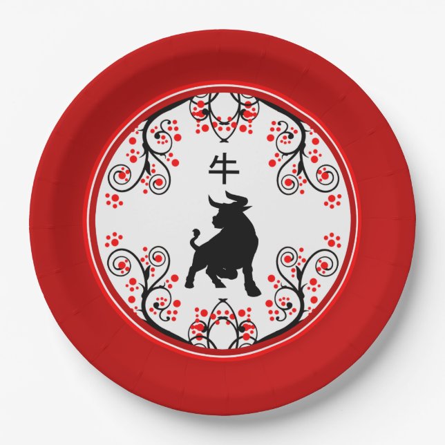 Chinese New Year Ox with Red Blossoms Paper Plates (Front)