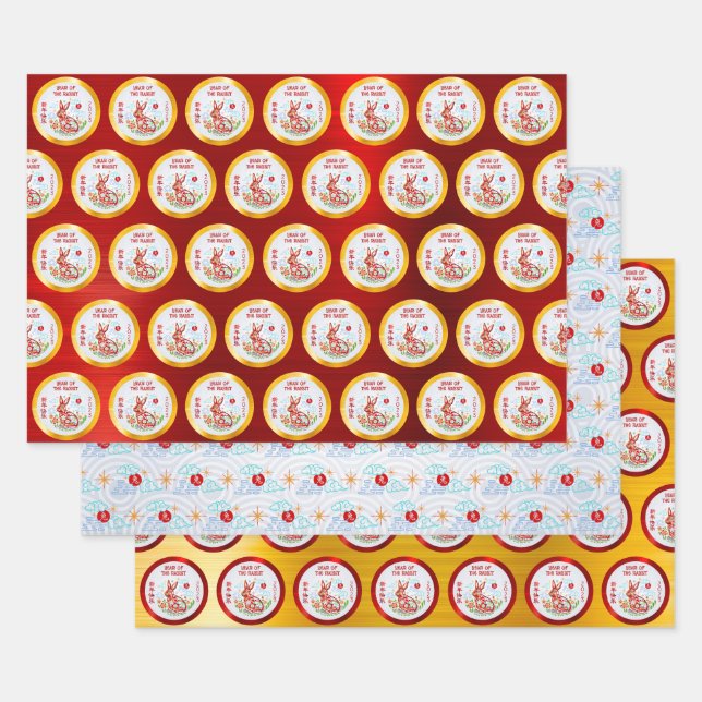 Chinese New Year Papercut Rabbit Clouds Red Gold Wrapping Paper Sheets (Set)