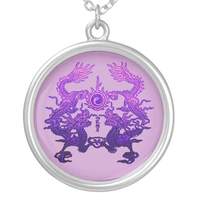 CHINESE NEW YEAR Purple Dragons Silver Plated Necklace (Front)