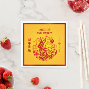 Chinese New Year Rabbit 2023 Red Foil Yellow Bold Napkins