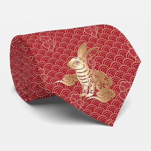 Chinese New Year Rabbit 2023 Red Golden Paper Cut Neck Tie (Rolled)