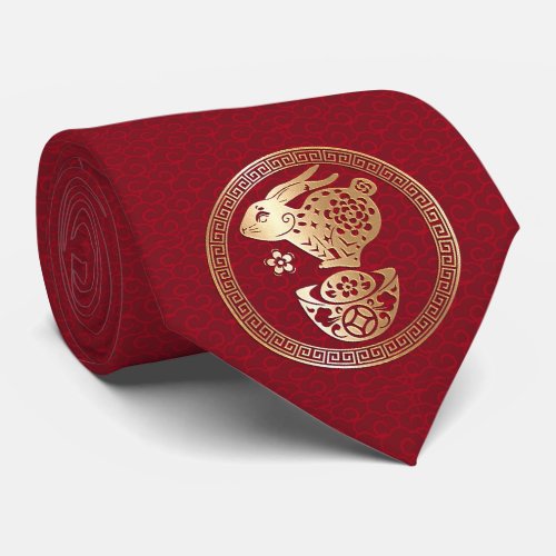 Chinese New Year Rabbit 2023 Red Golden Paper Cut Neck Tie