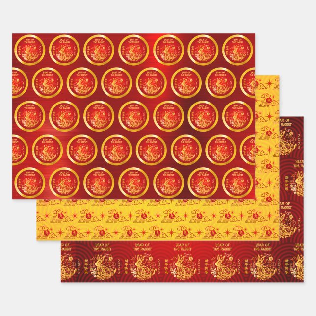 Chinese New Year Rabbit Clouds Gold Red Pattern Wrapping Paper Sheets (Set)