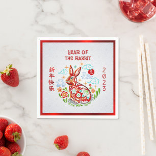 Chinese New Year Rabbit Papercut 2023 Red Foil Napkins