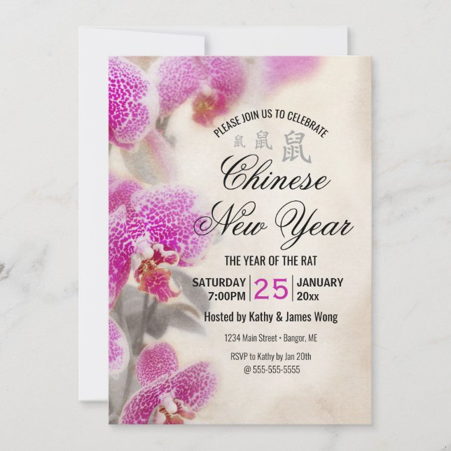 Chinese New Year Rat Floral Pink Orchid Invitation (Front)