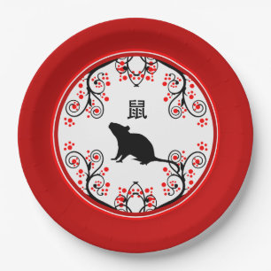 Chinese New Year Rat with Red Blossoms Paper Plates
