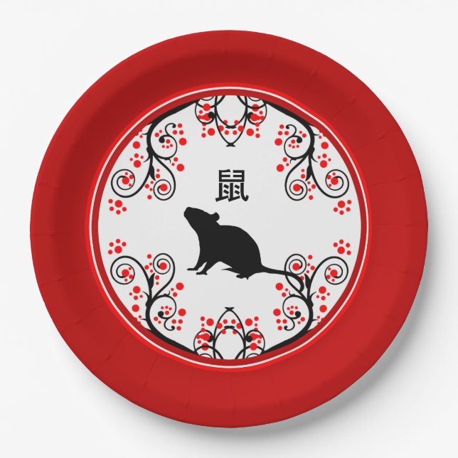 Chinese New Year Rat with Red Blossoms Paper Plates (Front)