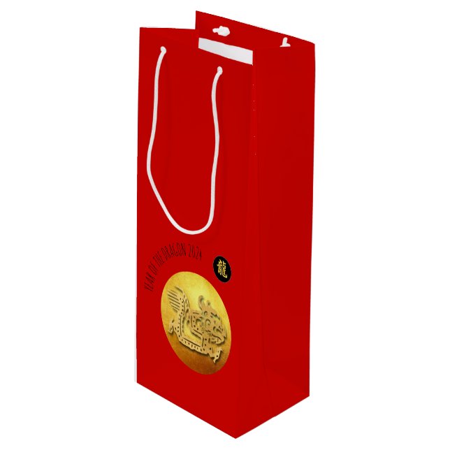 Chinese New Year Red Golden Dragon 2024 WGB Wine Gift Bag (Front Angled)