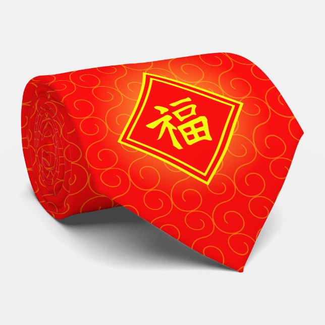 Chinese New Year - Red Lucky Fu Symbol Neck Tie (Rolled)