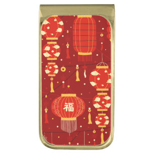 Chinese New Year Red Lucky Lanterns Gold Finish Money Clip