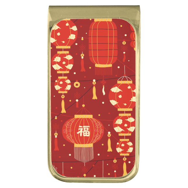 Chinese New Year Red Lucky Lanterns Gold Finish Money Clip (Front Vertical)