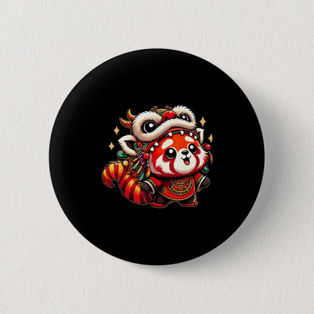 Chinese New Year Red Panda Dragon Dance  Button (Front)