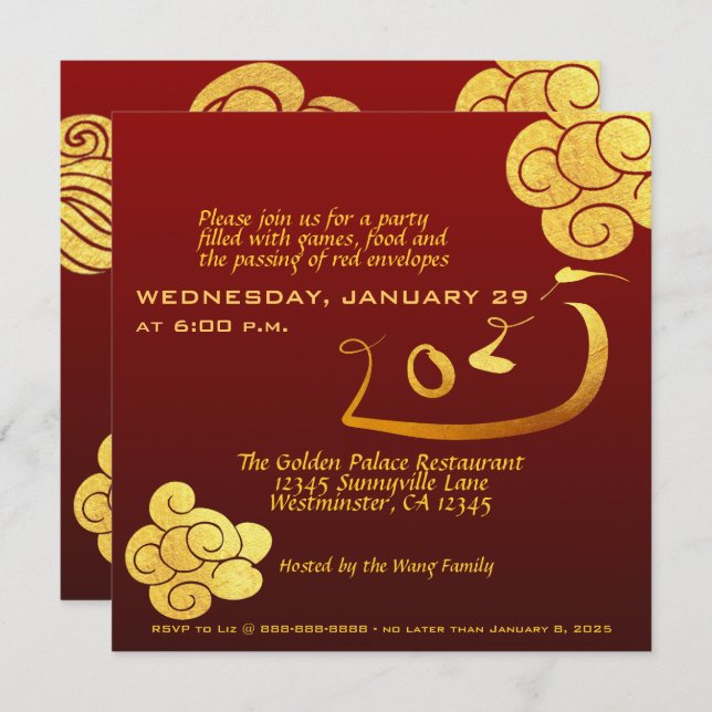 Chinese New Year Snake 2025 Gold Clouds Texts Inv Invitation (Front/Back)