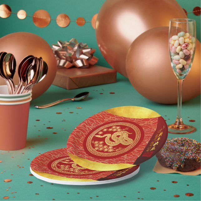 Chinese New Year Snake 2025 Gold Red PPRP Paper Plates (Multi)