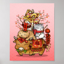 Chinese New Year Whimsical Cow and Cats