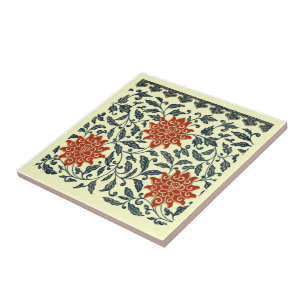Chinese Orange Flowers Blue Leaves On Cream BG ~*~ Ceramic Tile