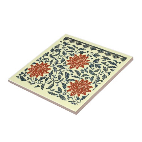 Chinese Orange Flowers Blue Leaves On Cream BG  Ceramic Tile