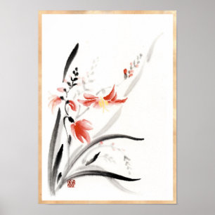 Chinese Oriental Classic sumi-e ink flowers paint Poster