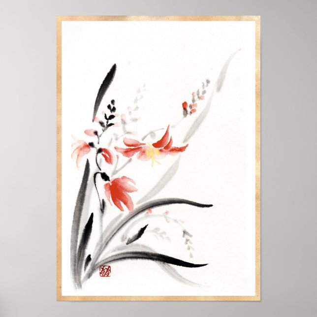 Chinese Oriental Classic sumi-e ink flowers paint Poster (Front)