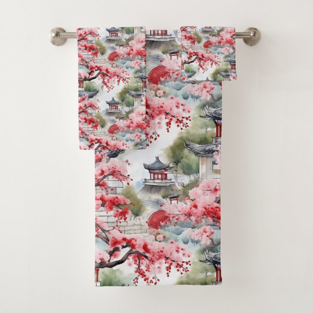 Chinese Pagoda Watercolor Pattern  Bath Towel Set (Insitu)