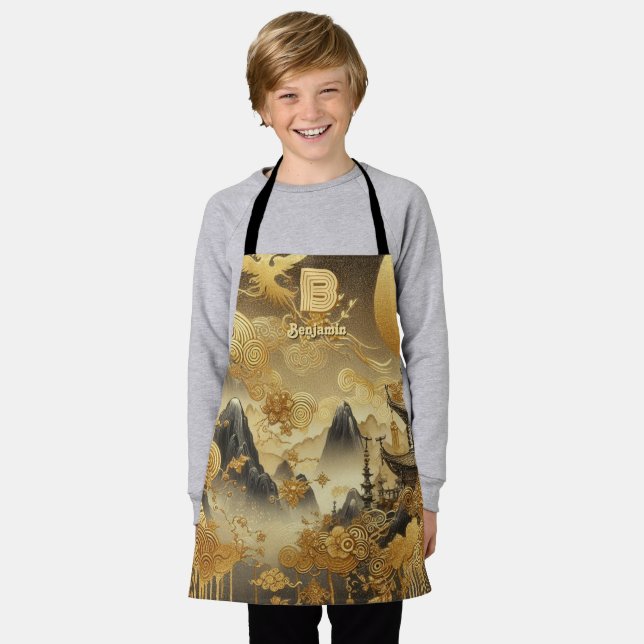Chinese Painting Faux Golden Dripping Monogrammed  Apron (Worn)