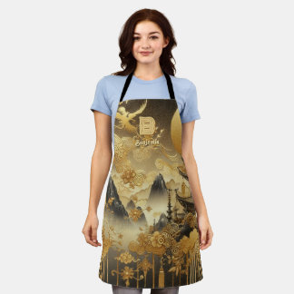 Chinese Painting Faux Golden Dripping Monogrammed Apron