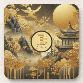 Chinese Painting Faux Golden Dripping Monogrammed Beverage Coaster