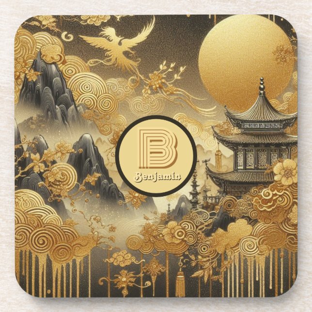 Chinese Painting Faux Golden Dripping Monogrammed  Beverage Coaster (Front)