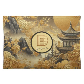 Chinese Painting Faux Golden Dripping Monogrammed  Cloth Placemat