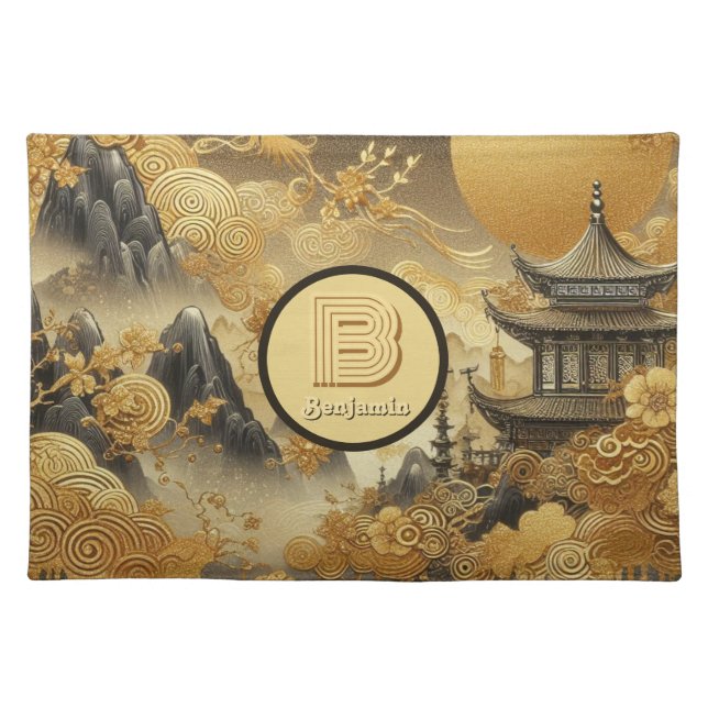 Chinese Painting Faux Golden Dripping Monogrammed  Cloth Placemat (Front)