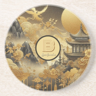 Chinese Painting Faux Golden Dripping Monogrammed Coaster