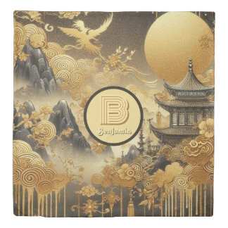 Chinese Painting Faux Golden Dripping Monogrammed Duvet Cover
