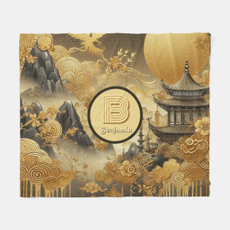 Chinese Painting Faux Golden Dripping Monogrammed Fleece Blanket