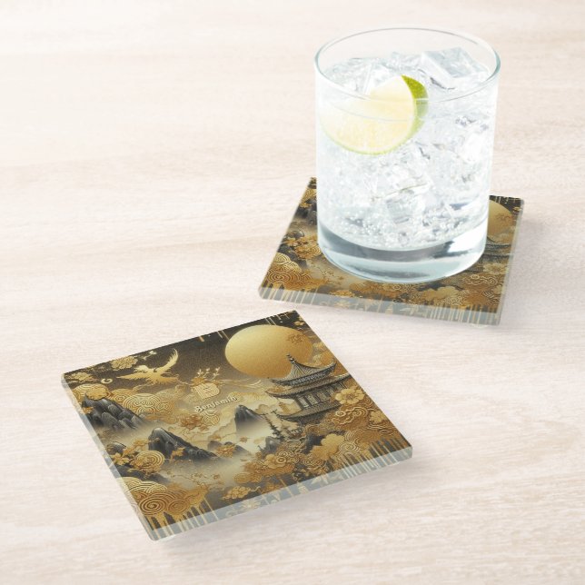 Chinese Painting Faux Golden Dripping Monogrammed  Glass Coaster (Angled)
