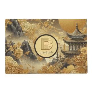 Chinese Painting Faux Golden Dripping Monogrammed  Placemat