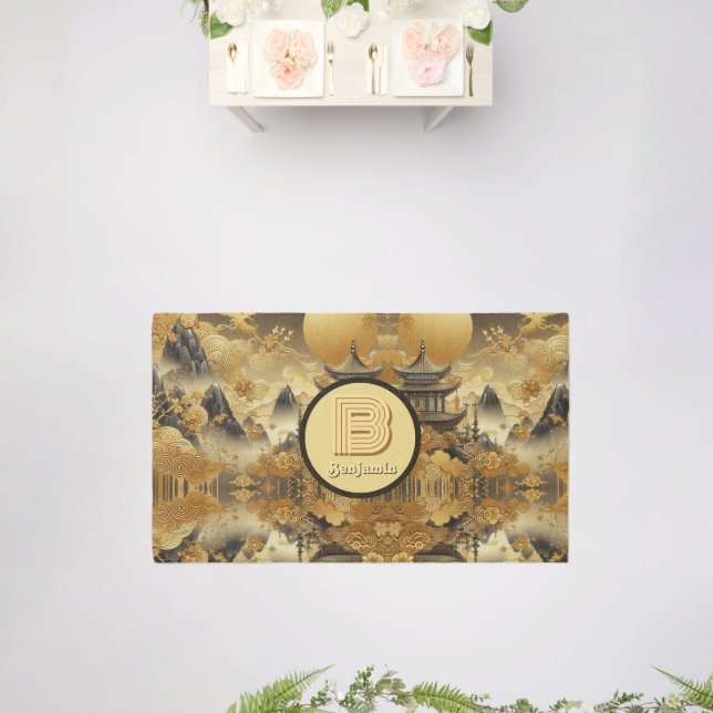 Chinese Painting Faux Golden Dripping Monogrammed  Rug (Insitu (Wedding))