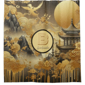 Chinese Painting Faux Golden Dripping Monogrammed Shower Curtain