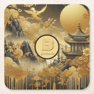 Chinese Painting Faux Golden Dripping Monogrammed Square Paper Coaster