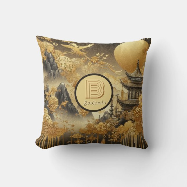 Chinese Painting Faux Golden Dripping Monogrammed  Throw Pillow (Front)