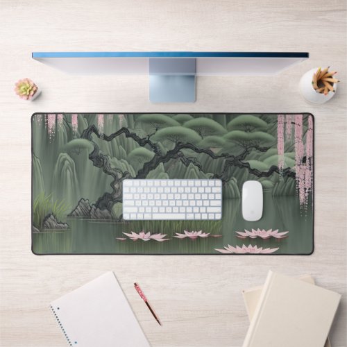 Chinese Painting Of A Pond With Lotus Flowers Desk Mat