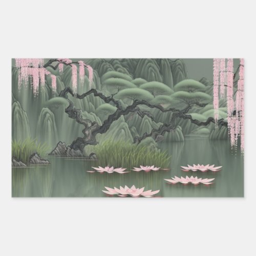 Chinese Painting Of A Pond With Lotus Flowers Rectangular Sticker