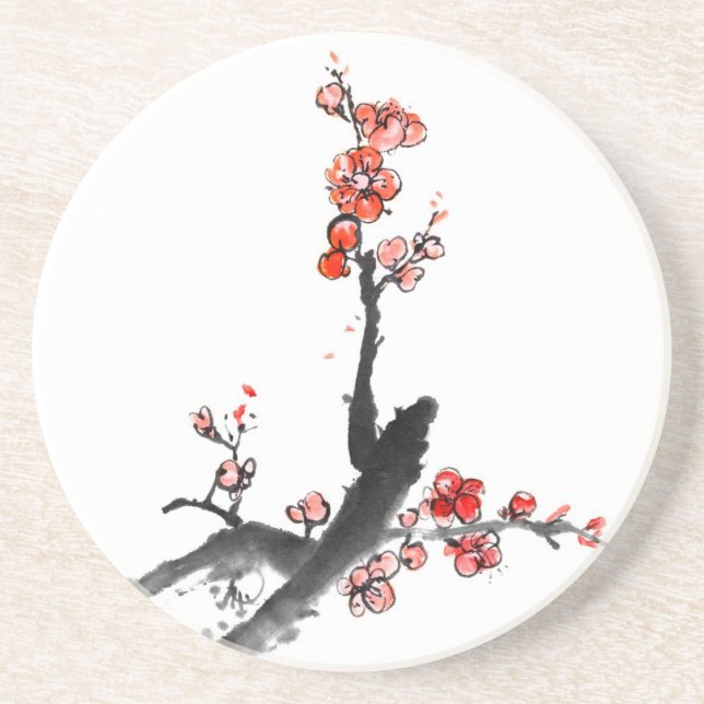 Chinese painting of flowers, plum blossom drink coaster (Front)