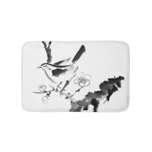 Chinese painting , plum blossom and bird bath mat