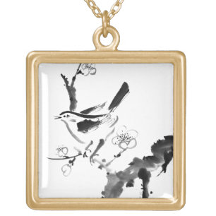Chinese painting , plum blossom and bird gold plated necklace