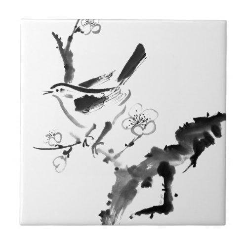 Chinese painting  plum blossom and bird tile