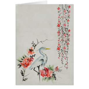 Chinese Painting Stork and Pink Flowers Cards