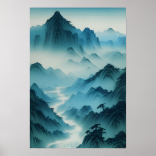 Chinese Painting Teal Blue Misty Landscape Poster