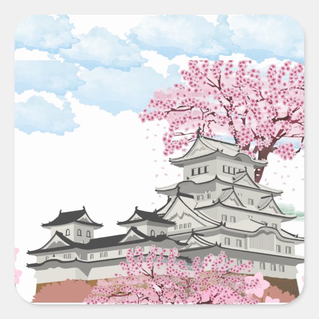 "Chinese Palace with Sakura Trees – Elegant Orient Square Sticker (Front)