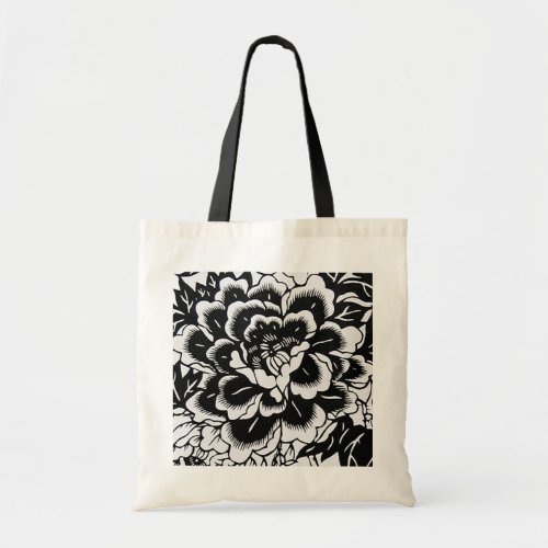 Chinese Paper_Cut Peony on Black _ Budget Tote